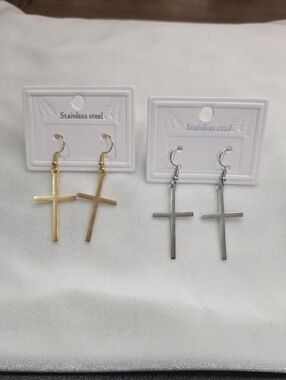 Lot of 2 Pairs Pierced Earrings Dangle Stainless Steel Crosses Gold and Silver